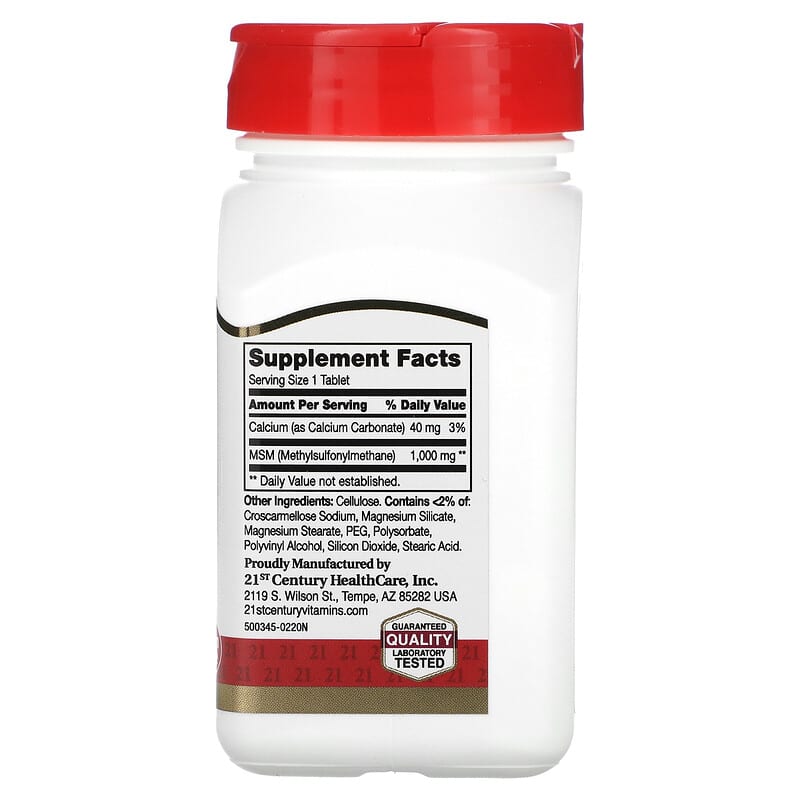 Supplement bottle labeled '21st Century MSM' on a white background