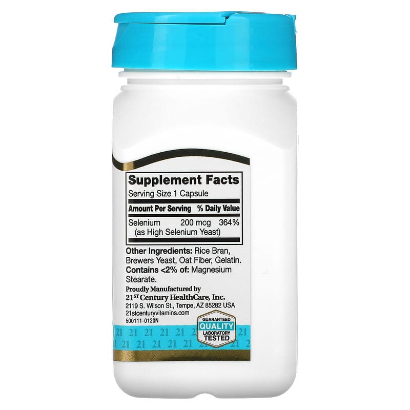 Supplement bottle labeled '21st Century Selenium 200 mcg' on a white background