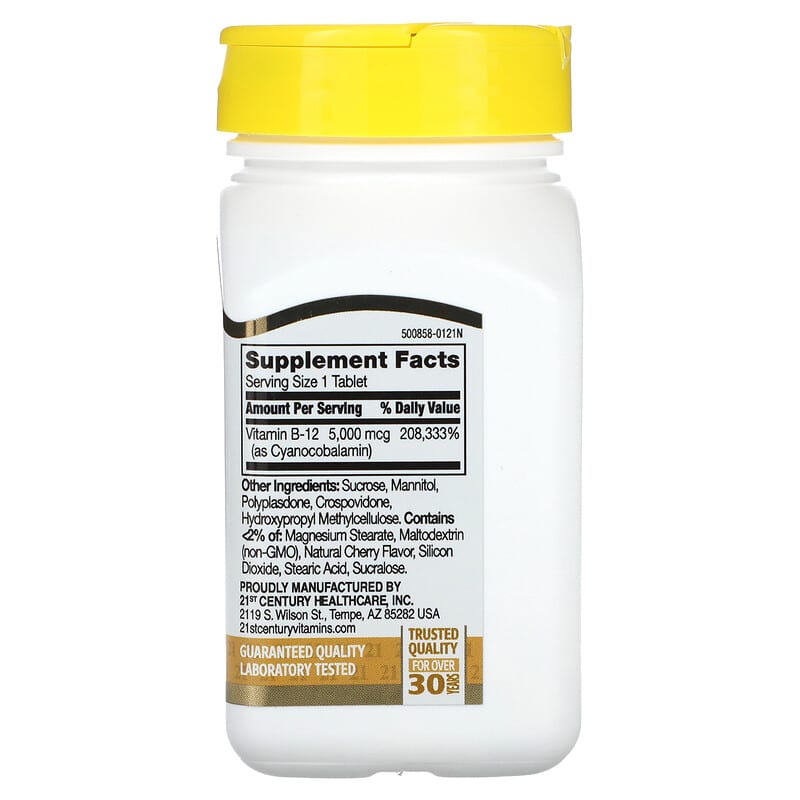 B-12 supplement bottle with yellow cap and white label on a white background