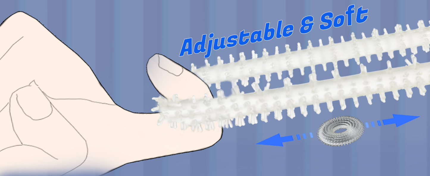 Illustration of a hand holding a flexible strip with adjustable and soft features, against a blue background.
