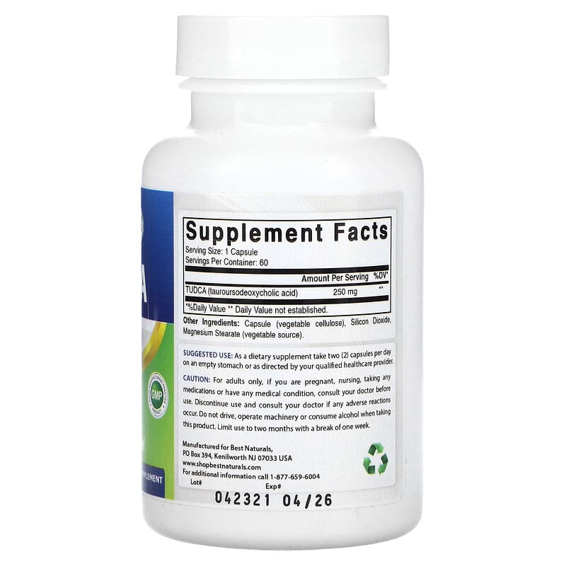 Supplement bottle labeled 'TUDCA' by Best Naturals on a white background