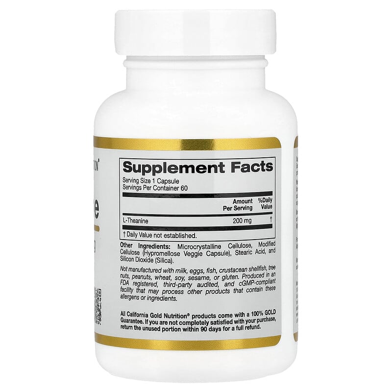 Supplement bottle labeled 'L-Theanine' by California Gold Nutrition on a white background