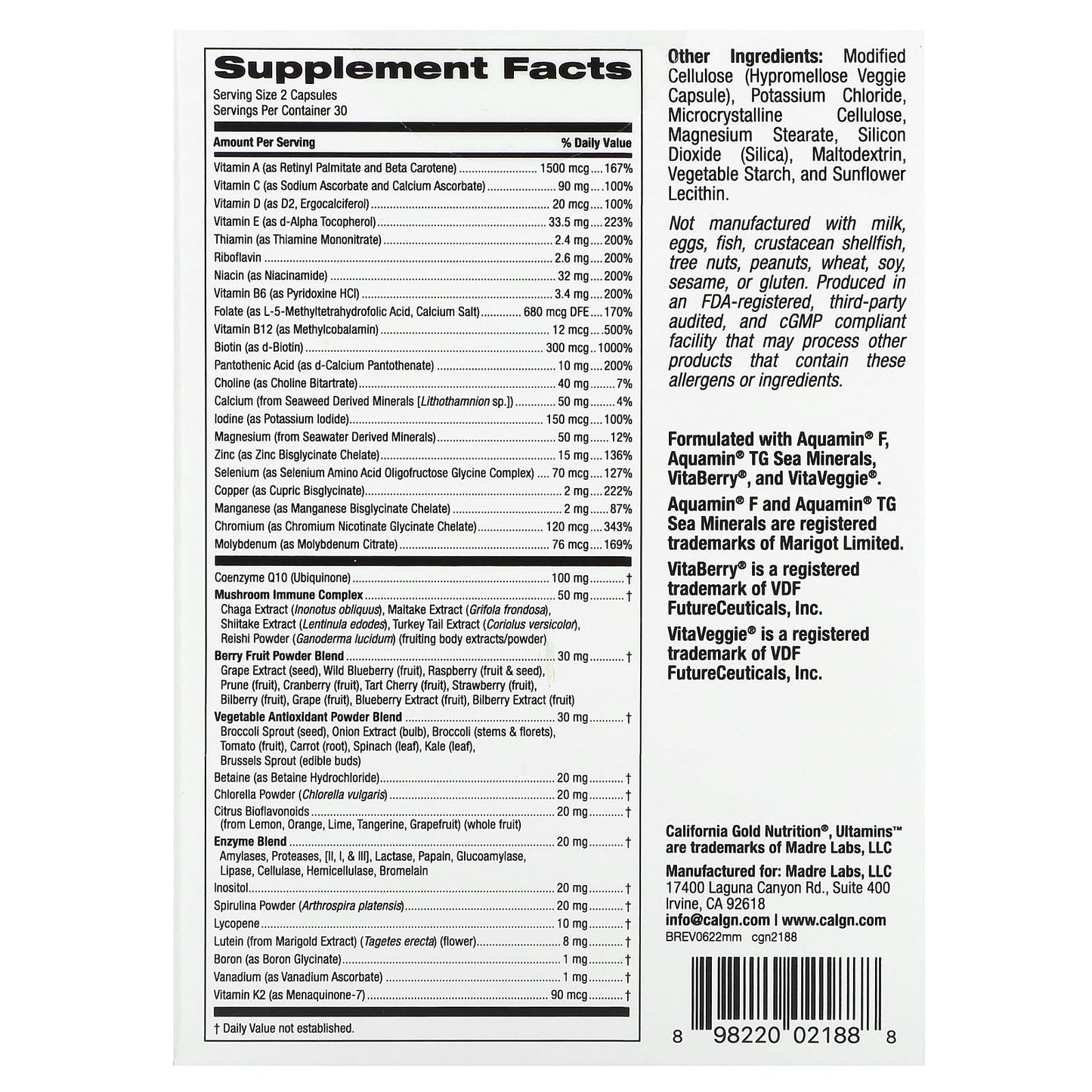 Supplement label with detailed ingredient list and nutritional information on a white background