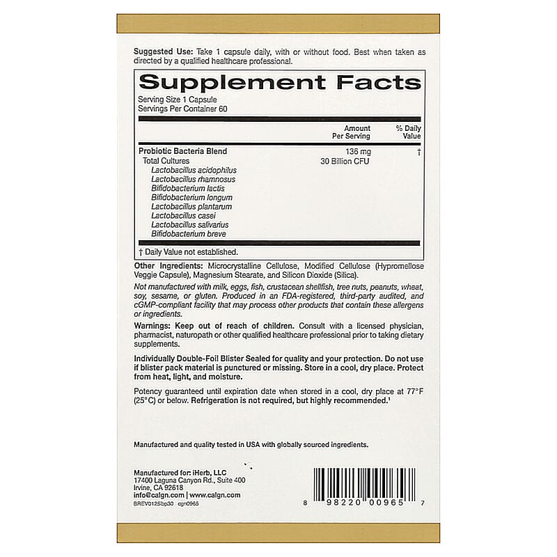 California Gold Nutrition LactoBif 30 Probiotics packaging with capsules on a white background