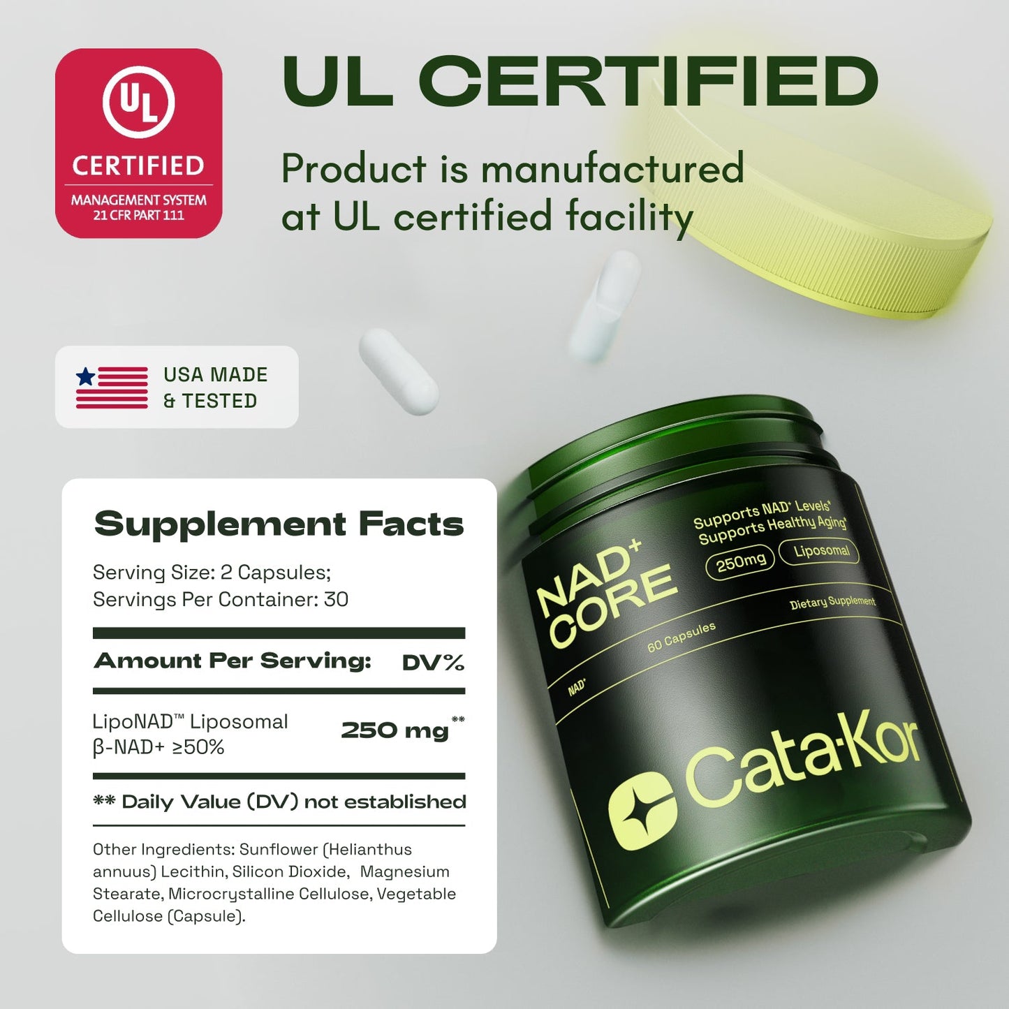 CataKor NAD+ Core supplement container with supplement facts label on a light gray background