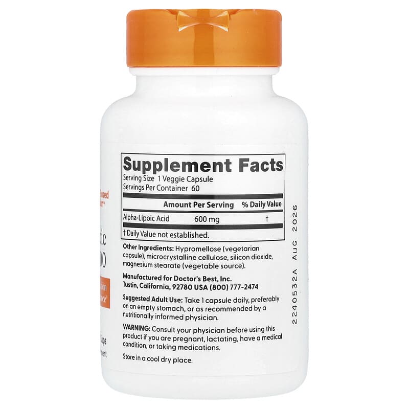 Supplement bottle labeled 'Doctor's Best Alpha-Lipoic Acid 600' on a white background