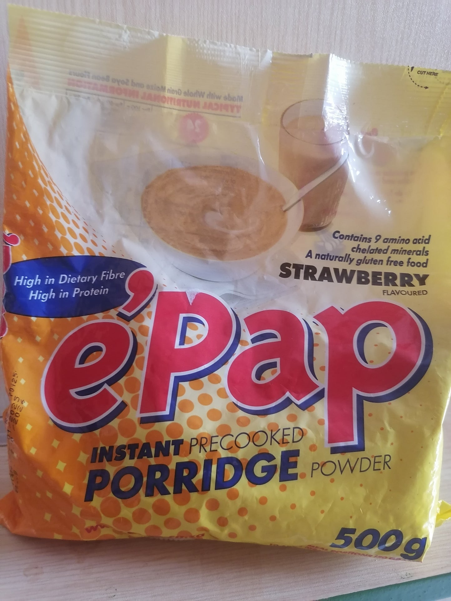 Package of e-pap instant precooked porridge powder with strawberry flavor on a white background