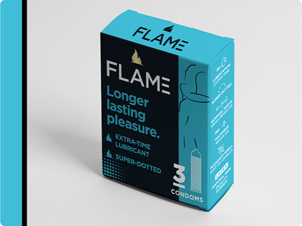 FLame Longer lasting pleasure condoms.
Designed to offer maximum, longer lasting pleasure for both partners.