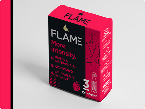 Flame More intensity condoms.
Contoured to stimulate the most sensitive areas.