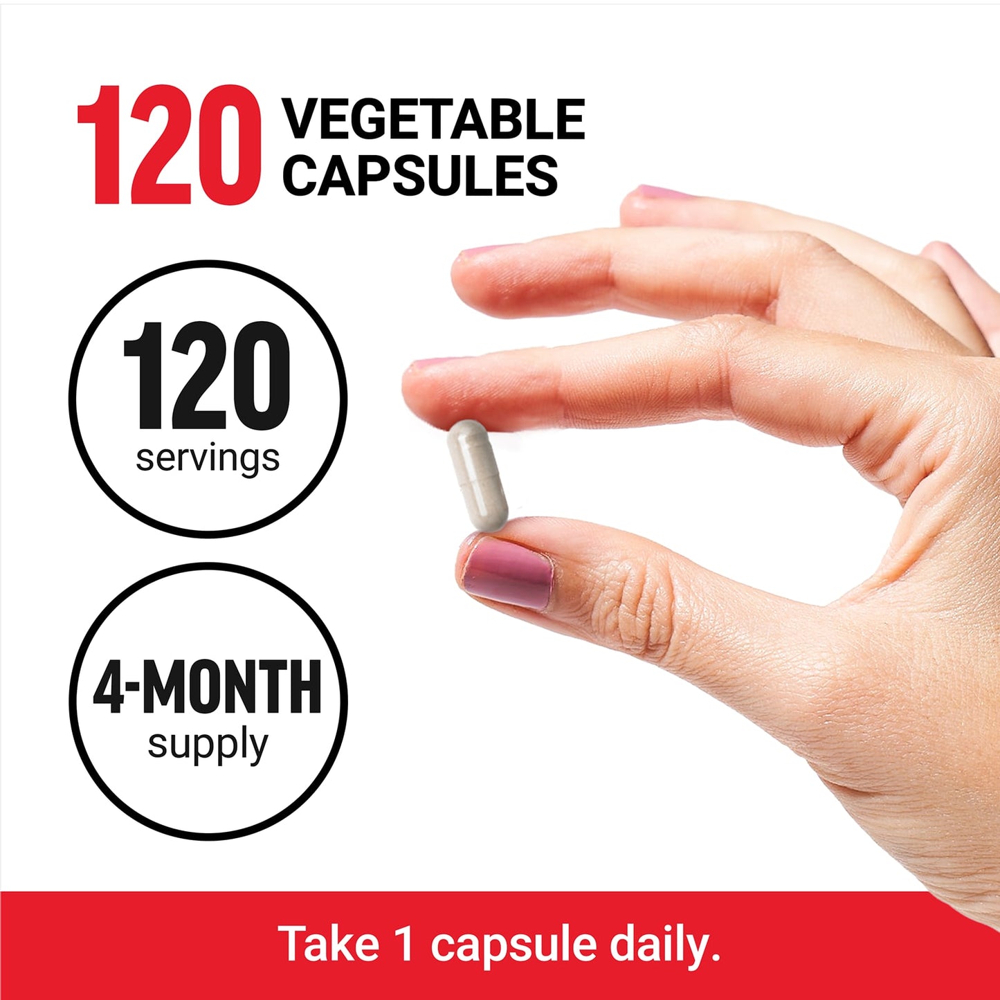 Hand holding a capsule with text about 120 vegetable capsules, 120 servings, and 4-month supply.
