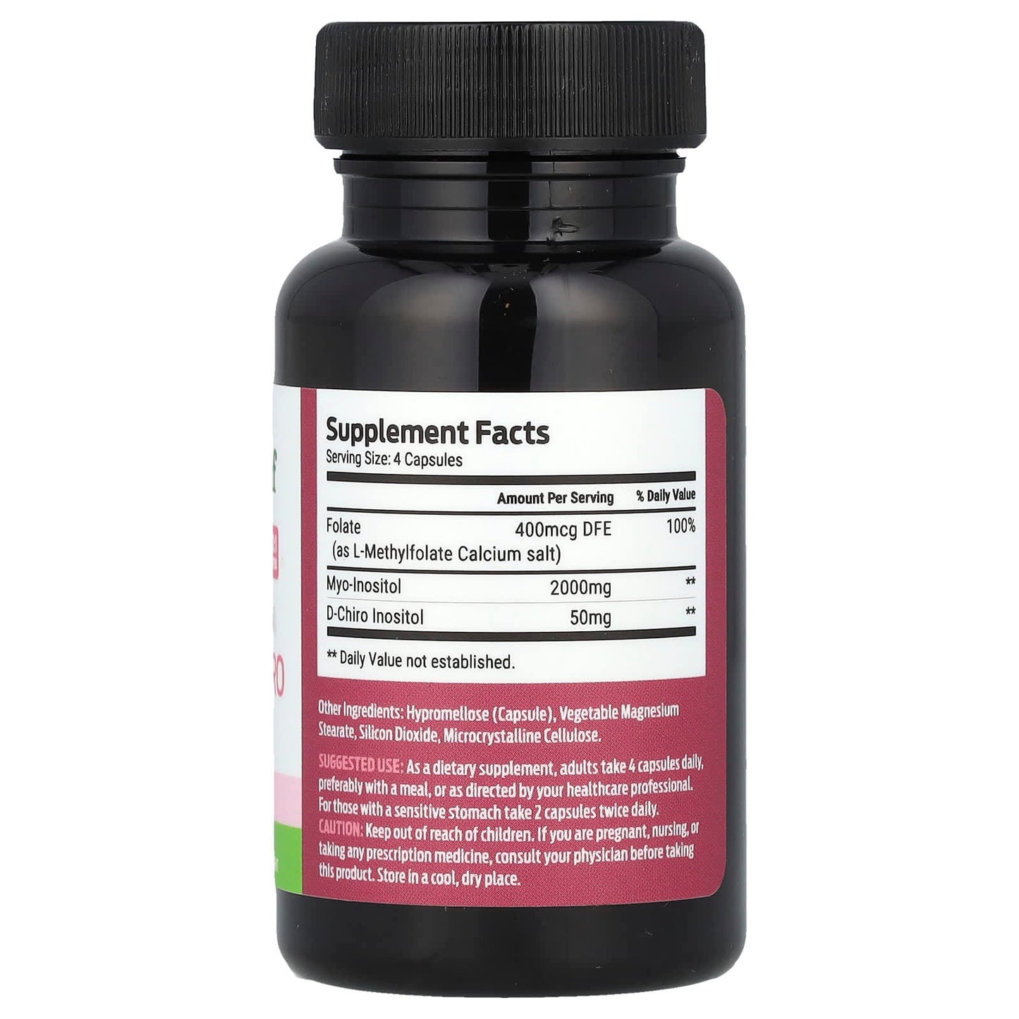Black supplement bottle with label on a white background