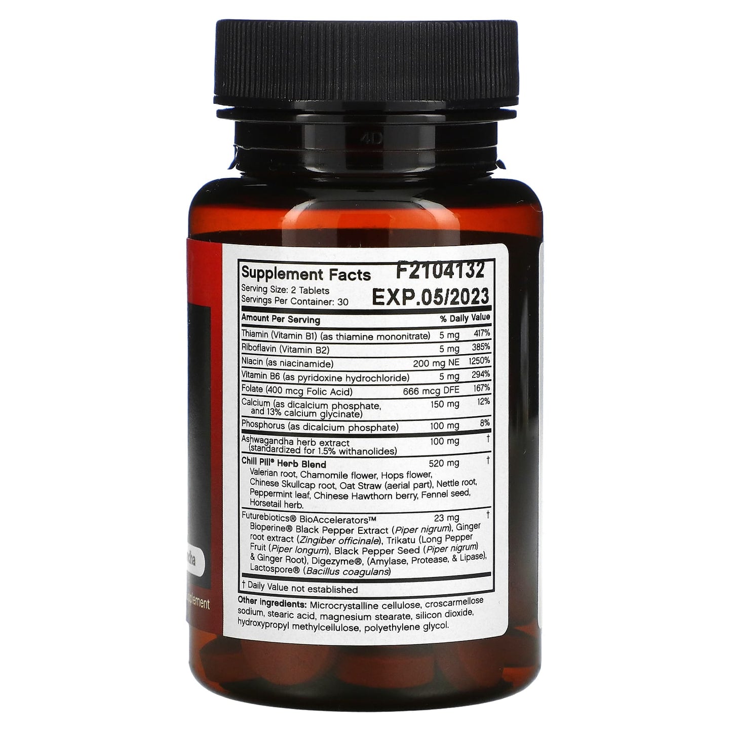 Supplement bottle with label showing 'EXP 05/2023' on a white background
