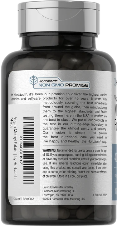 Horbäach Vegan Methyl Folate 400mcg (150 Vegetarian Capsules) - Active B9 Supplement