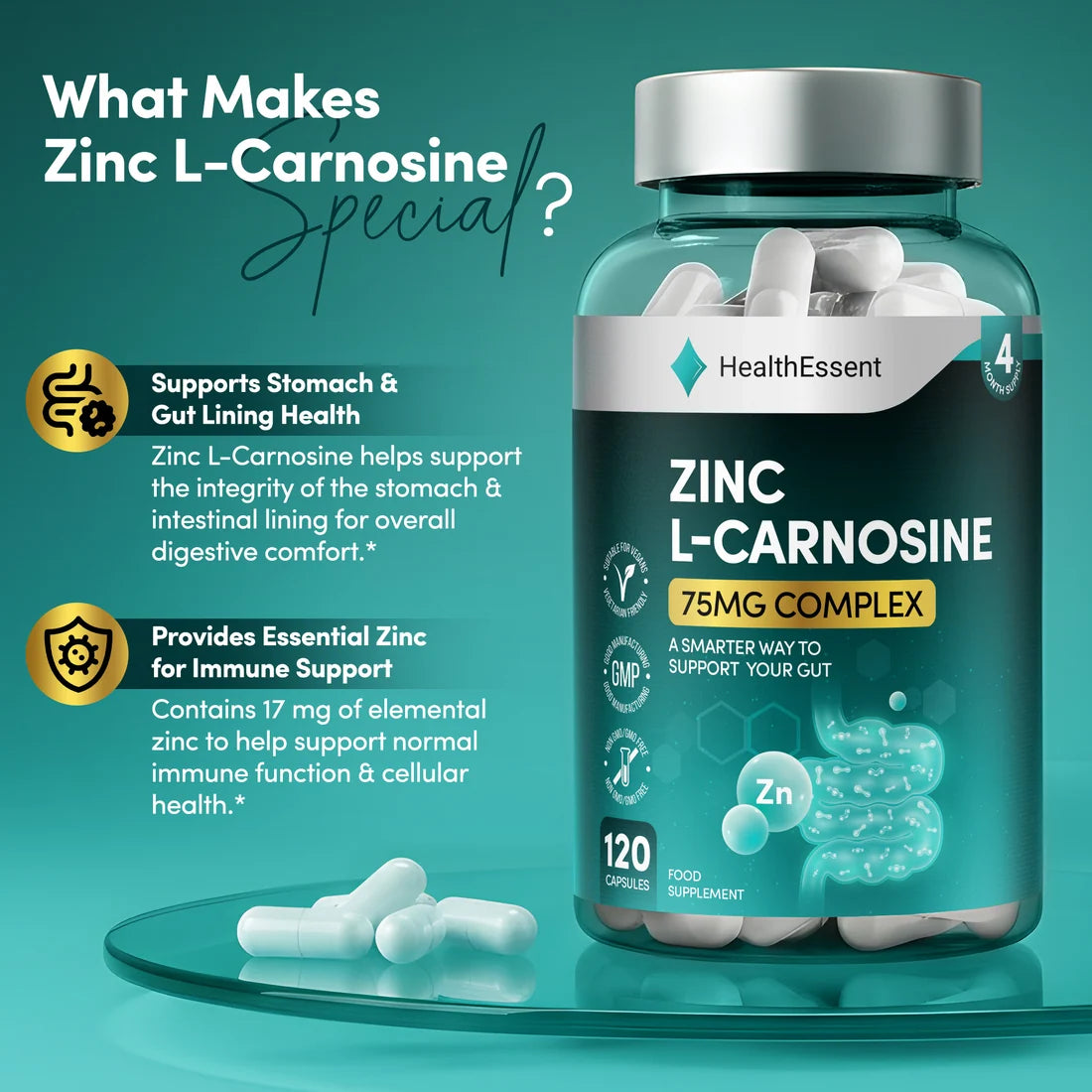 HealthEssent Zinc L-Carnosine 75mg Complex - Gut Barrier & Digestive Support Supplement (4 Month Supply)