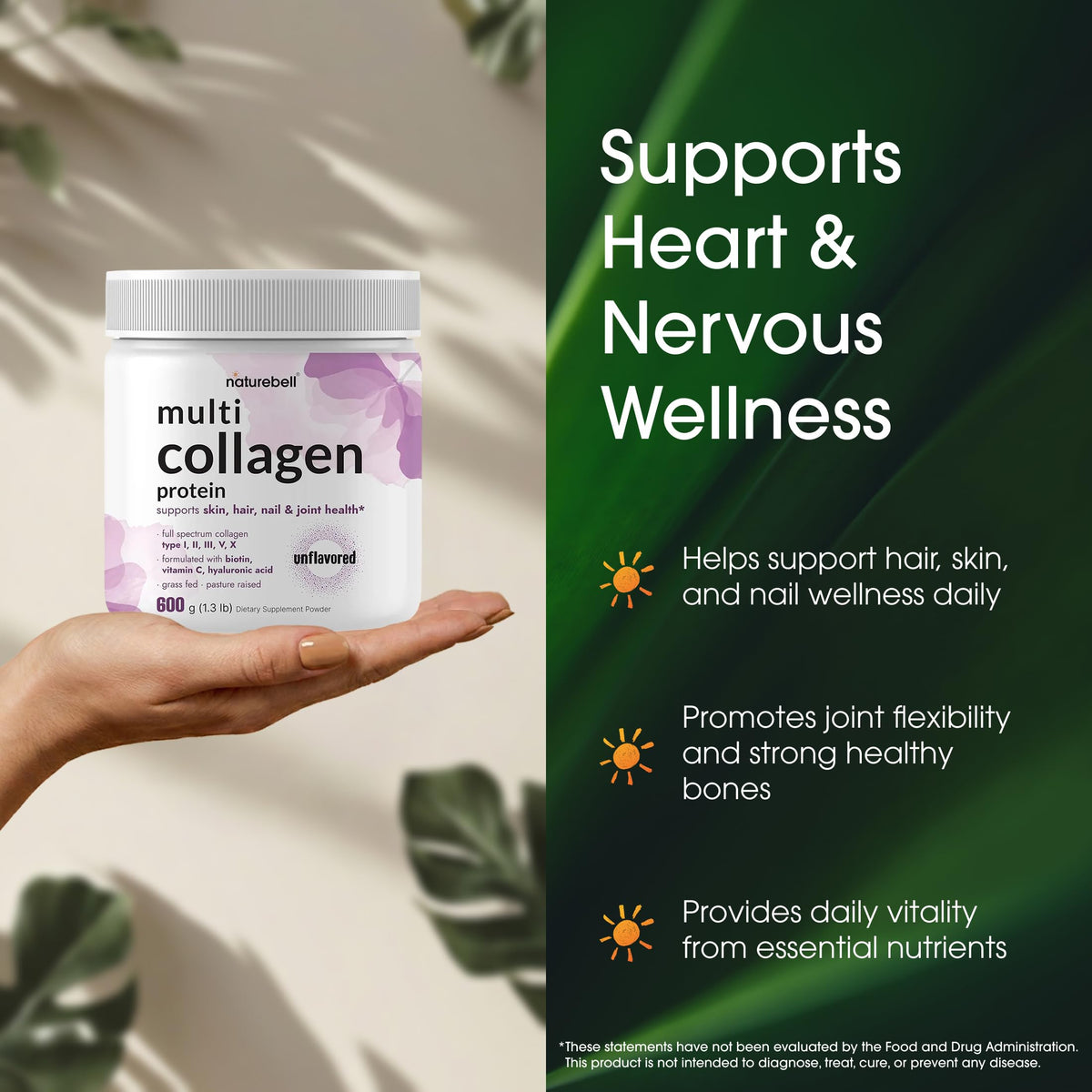 NatureBell Multi Collagen Protein Powder (600g / 1.3 lb) - Types I, II, III, V, X with Biotin, Hyaluronic Acid & Vitamin 54 servings