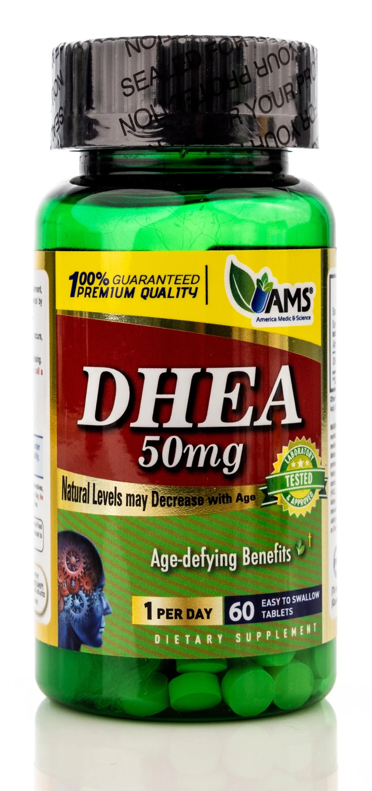 AMS DHEA 50 mg (60 comprimés) | Complément alimentaire pour hommes et femmes | Aide à augmenter la solidité des os | Augmente et régule les hormones masculines et féminines | Bienfaits anti-âge