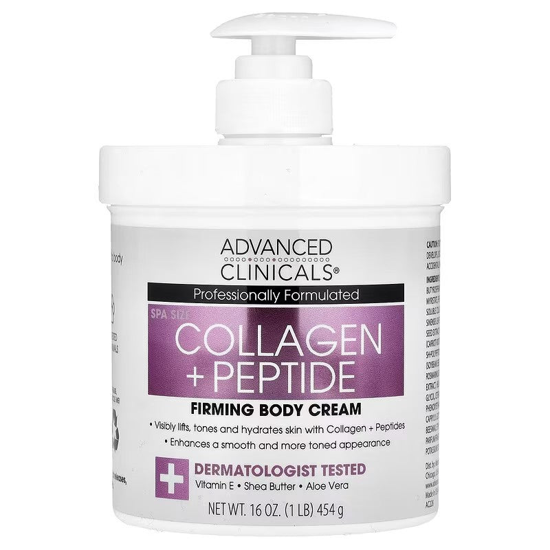Advanced Clinicals Collagen + Peptide Firming Body Cream Spa Size (16 oz / 454 g) - Skin Lifts & Tones Moisturizer