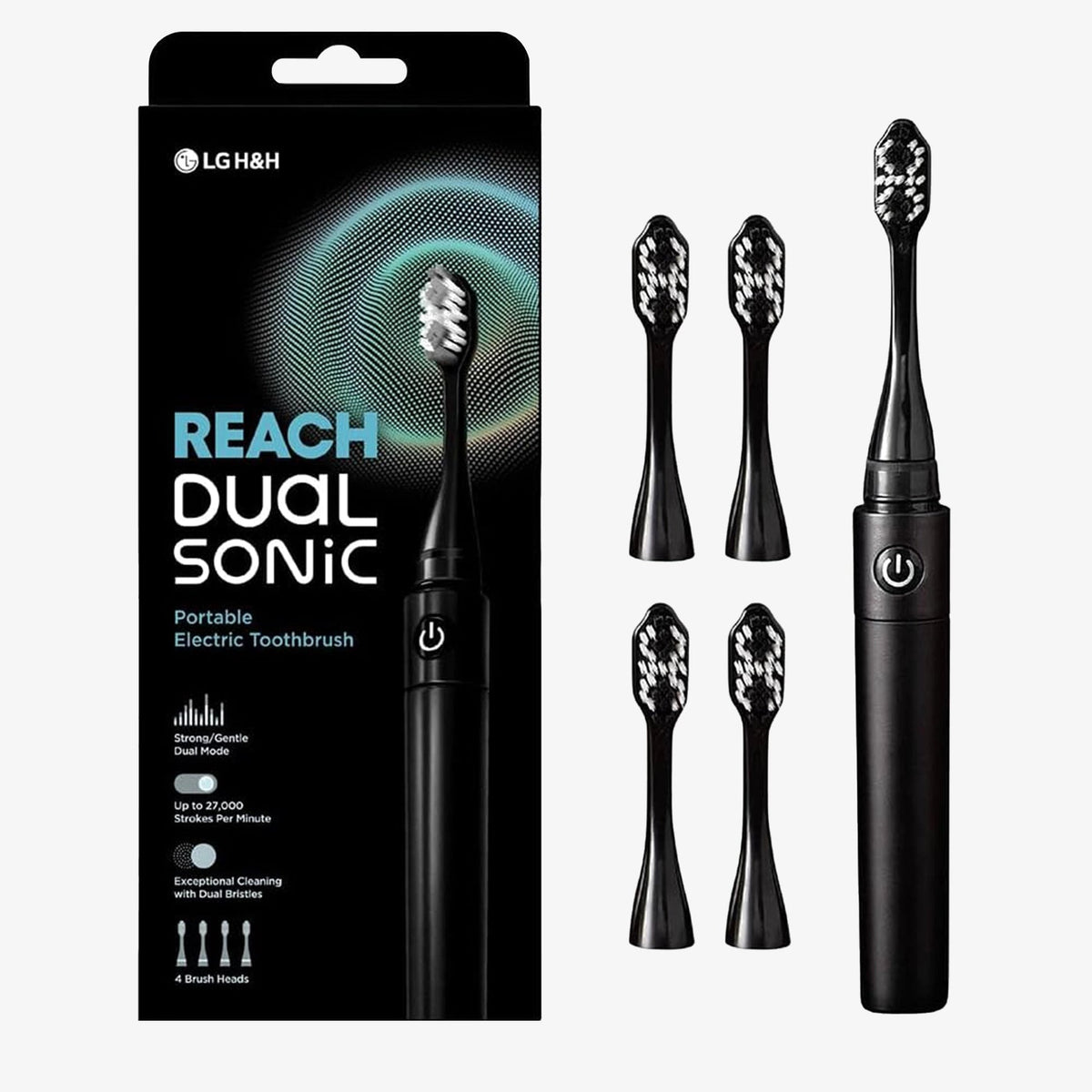 LG H&H Reach Dual Sonic Portable Electric Toothbrush (Black) - Up to 27,000 Strokes with 4 Brush Heads