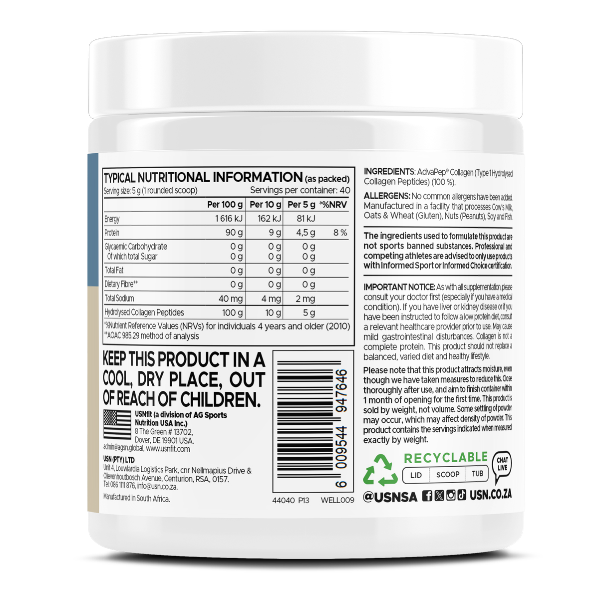 USN 100% Pure Collagen Powder 200g unflavoured for skin and joints