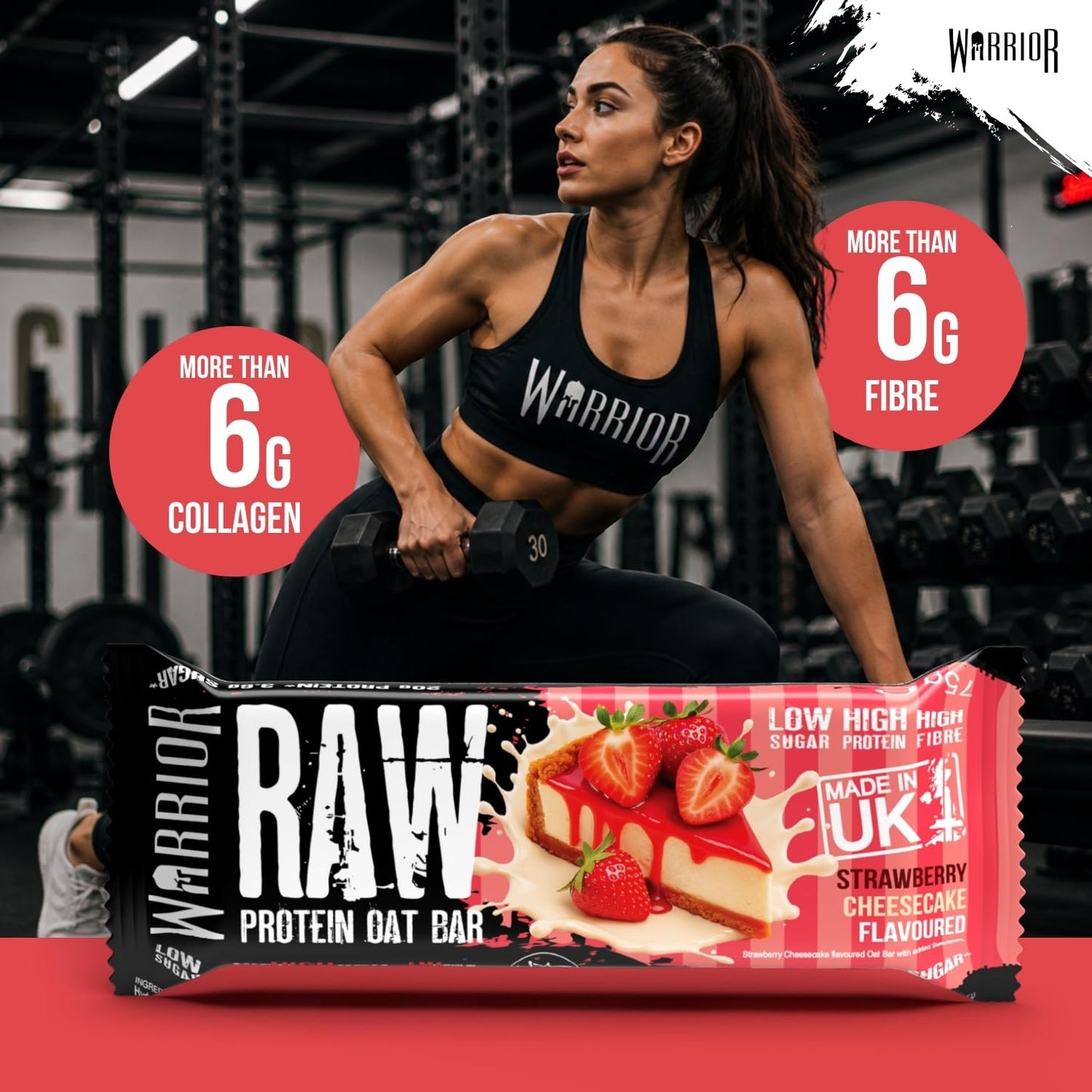 Warrior RAW Protein Bars 12 x 75g – 20g High Protein Bar, Low Sugar High Fibre Oat Protein Flapjack – Protein Snacks, Meal Replacement Bars (Strawberry Cheesecake)