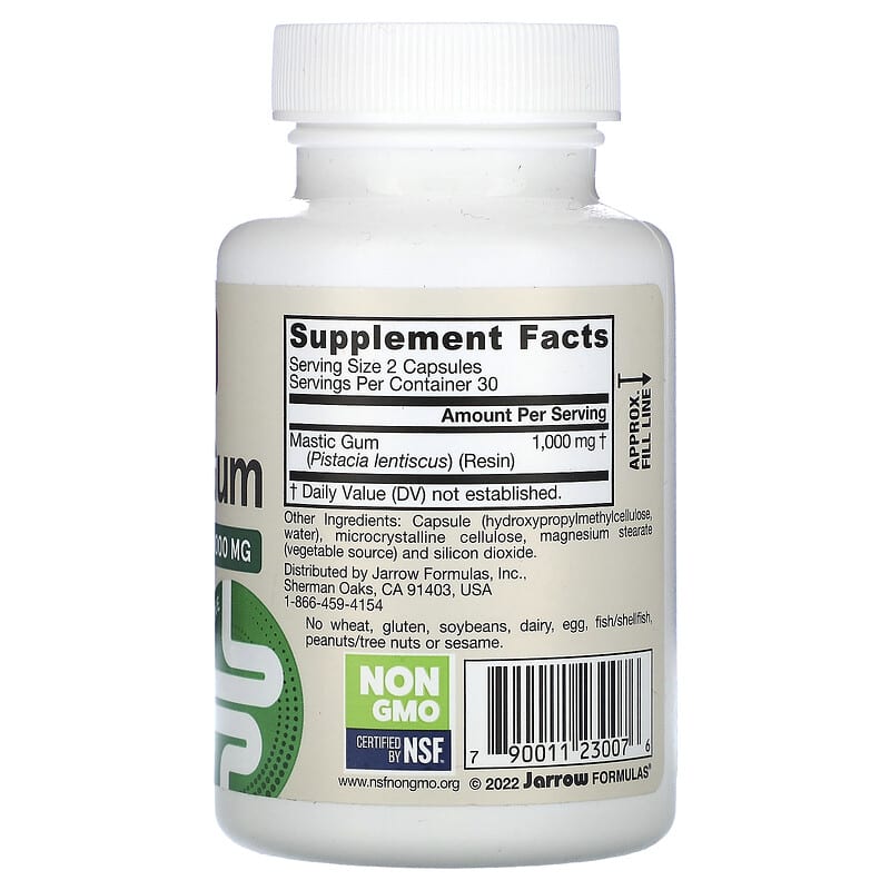 Bottle of Jarrow Formulas Mastic Gum supplement on a white background