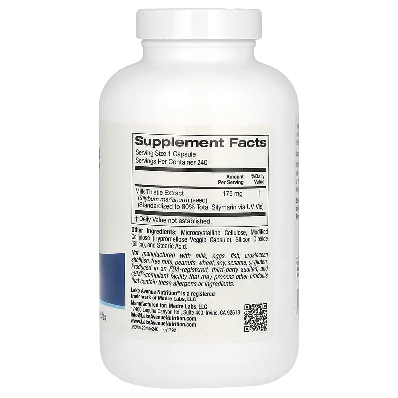 Bottle of Milk Thistle Extract supplement with Lake Avenue Nutrition label on a white background