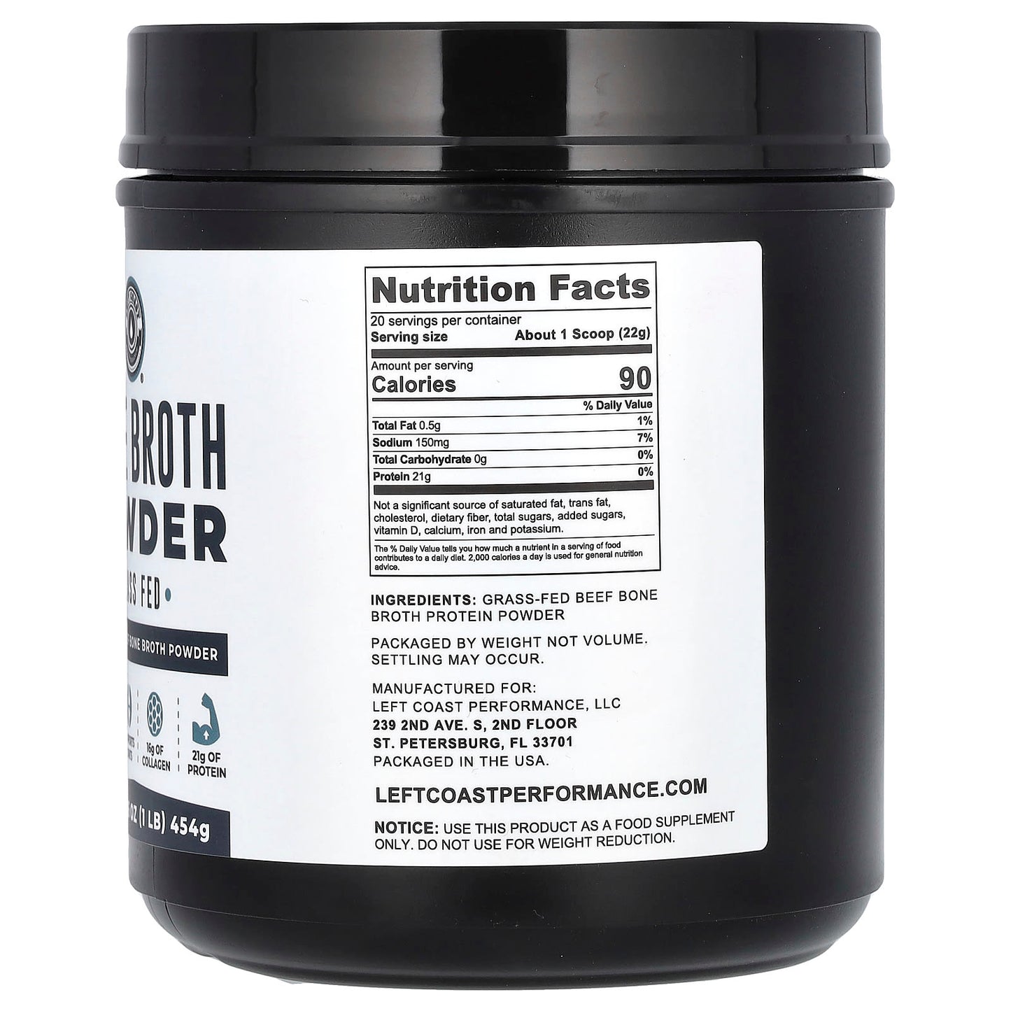 Left Coast Performance, Bone Broth Powder, Beef, (454 G)