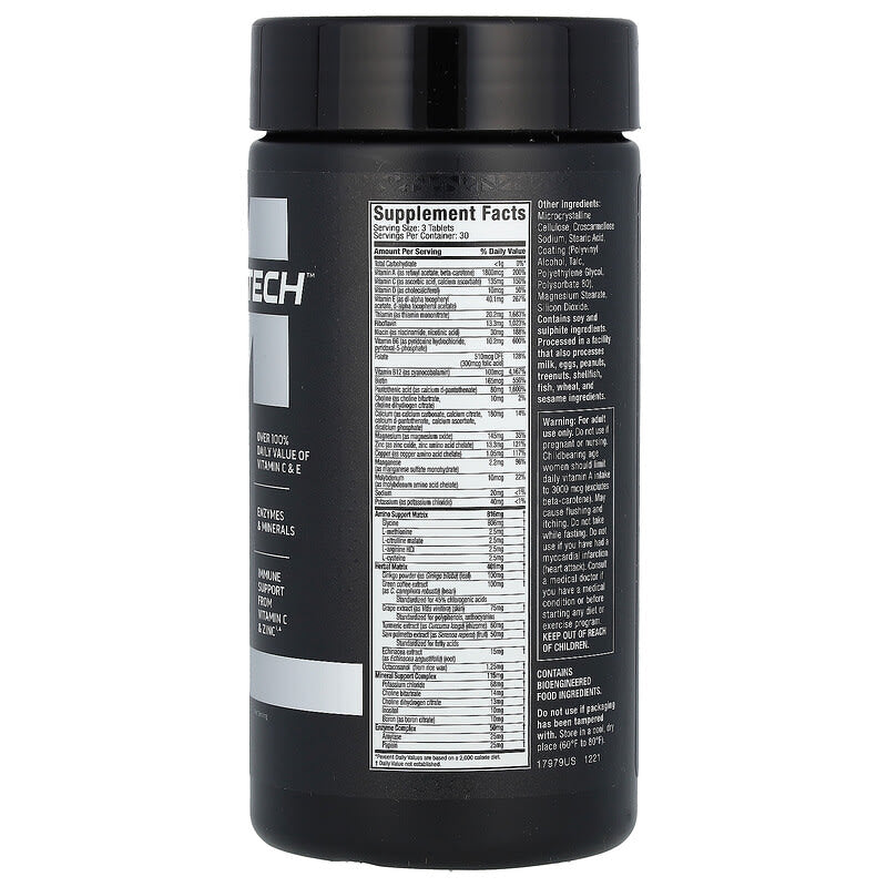 Black supplement container with label on a white background