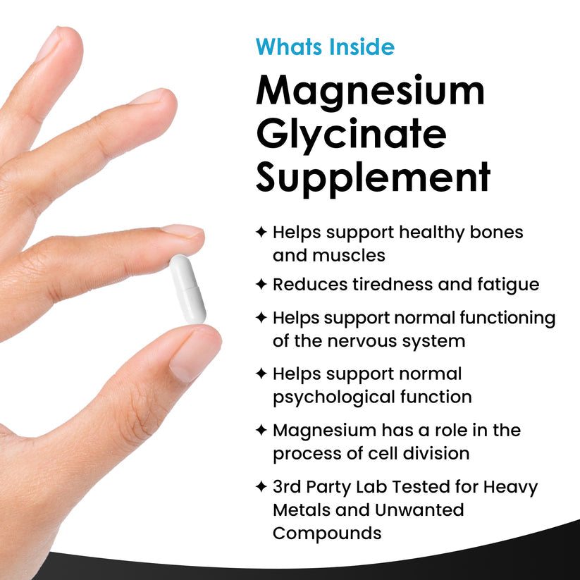 Supplement pill held between fingers with text about magnesium glycinate benefits on a white background