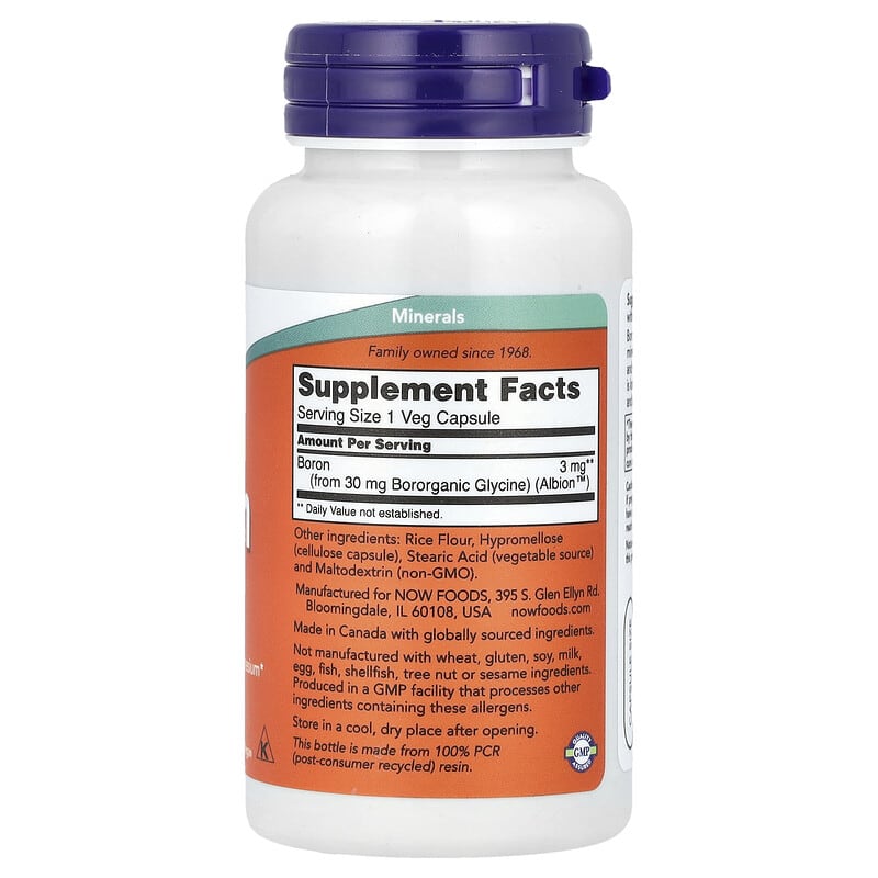 Supplement bottle labeled 'Boron 3 mg' by NOW on a white background