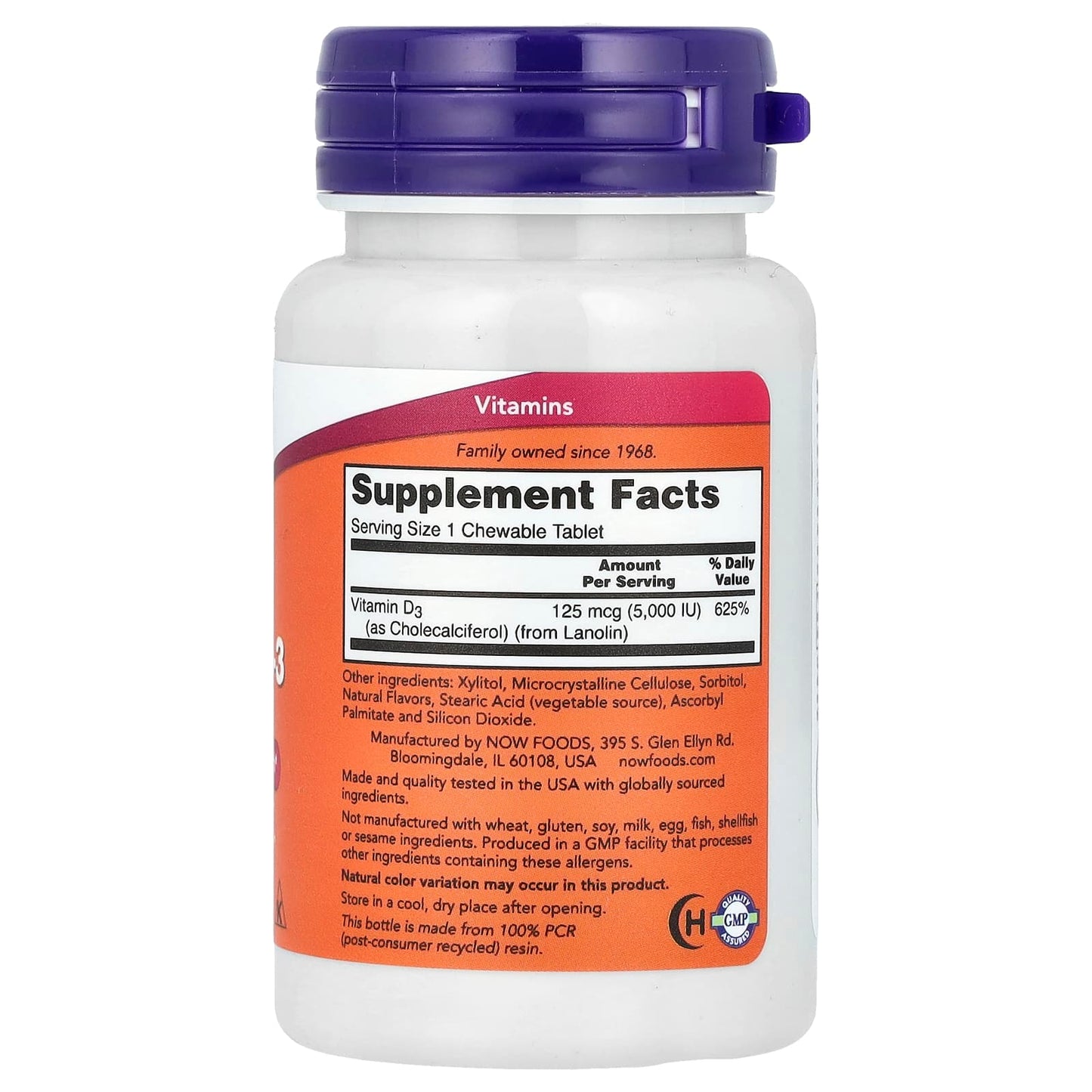 Vitamin D3 supplement bottle with NOW brand on a white backgroun