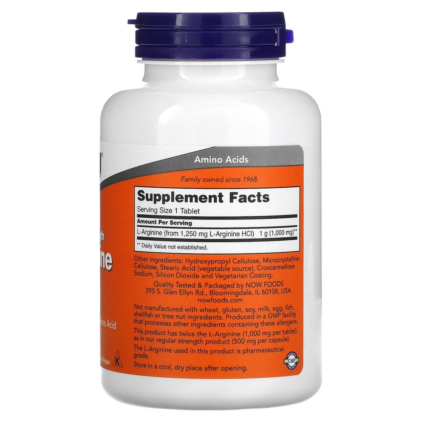 Supplement bottle labeled 'Double Strength L-Arginine 1000 mg' by NOW on a white background