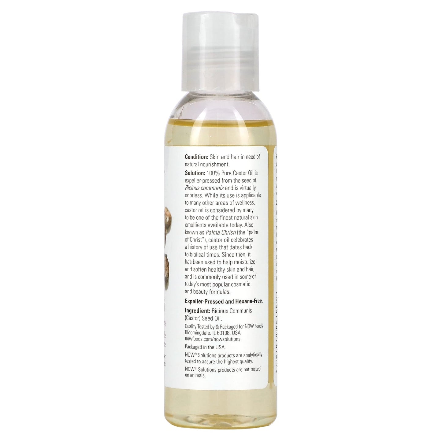 Bottle of castor oil with label on a white background