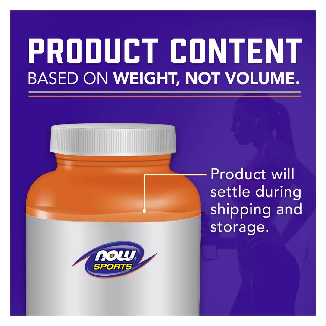 Orange supplement bottle with white cap on a purple background, featuring NOW Sports branding.