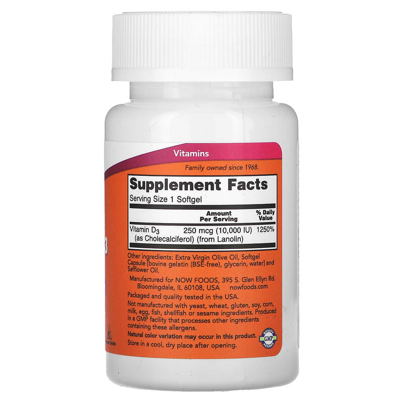 Supplement bottle labeled 'High Potency Vitamin D-3 10,000 IU' by NOW on a white background