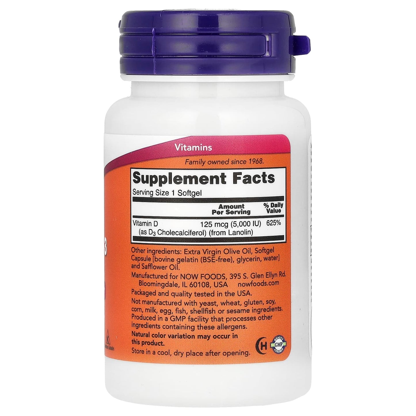 Supplement bottle with purple cap and orange label on a white background