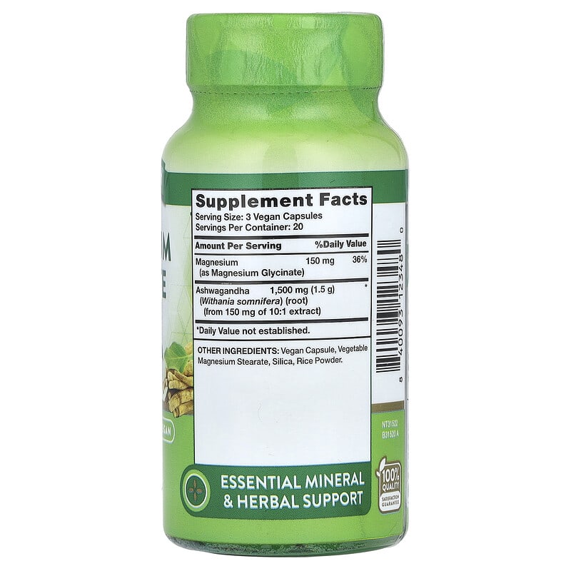 Supplement bottle labeled 'Nature's Truth Magnesium Glycinate plus Ashwagandha' on a white background