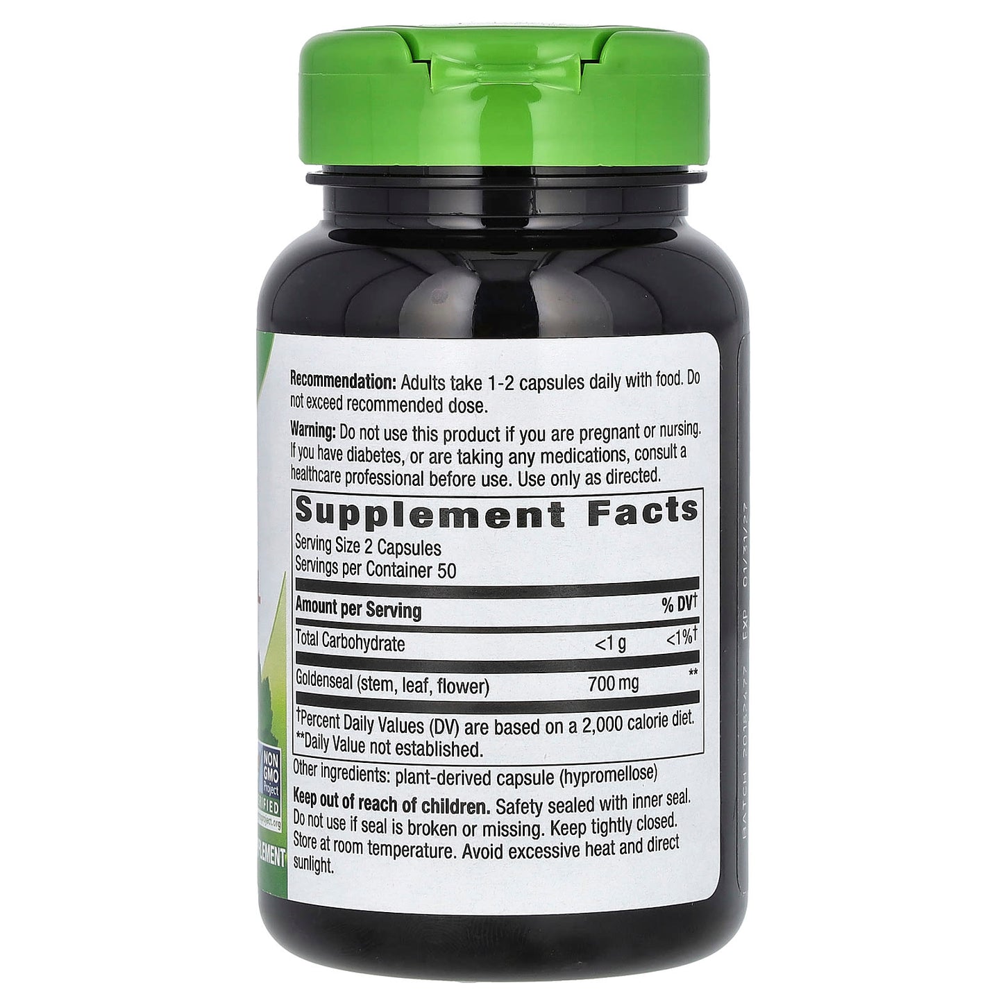 Supplement bottle with green cap and label on a white background