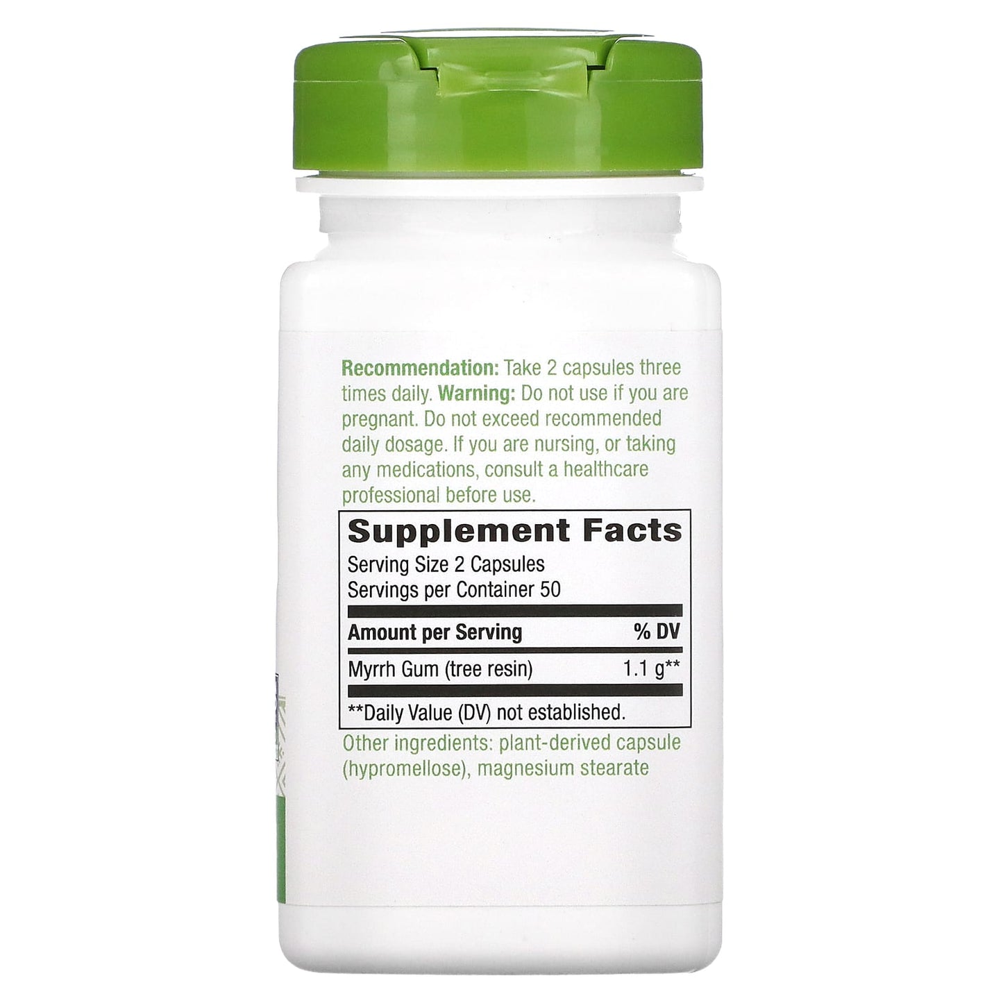 Supplement bottle with green cap and white label on a white background