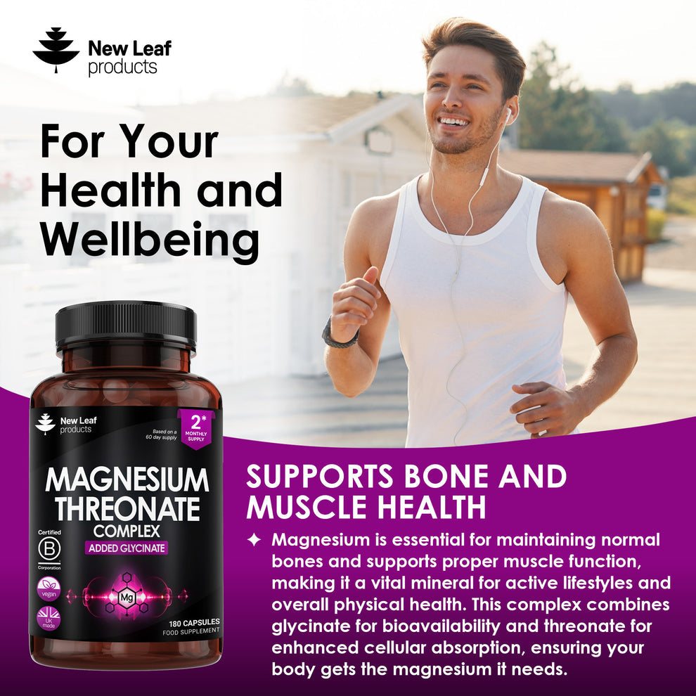 New Leaf products magnesium supplement with a man exercising outdoors