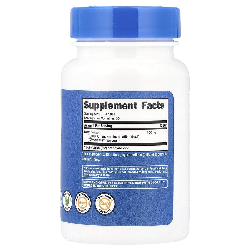 Supplement bottle with blue cap and label on a white background