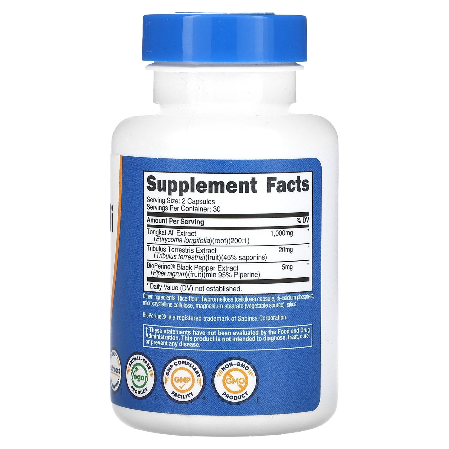 Supplement bottle with blue cap and label on a white background
