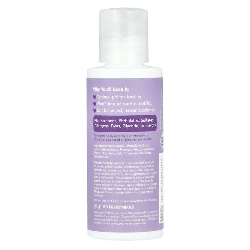 Fertility lubricant bottle with purple label on a white background premom