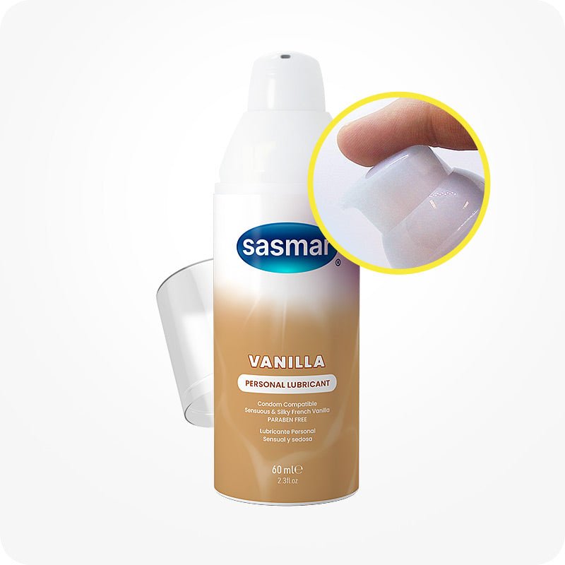 Sasmar Vanilla personal lubricant bottle with close-up of cap on a white background