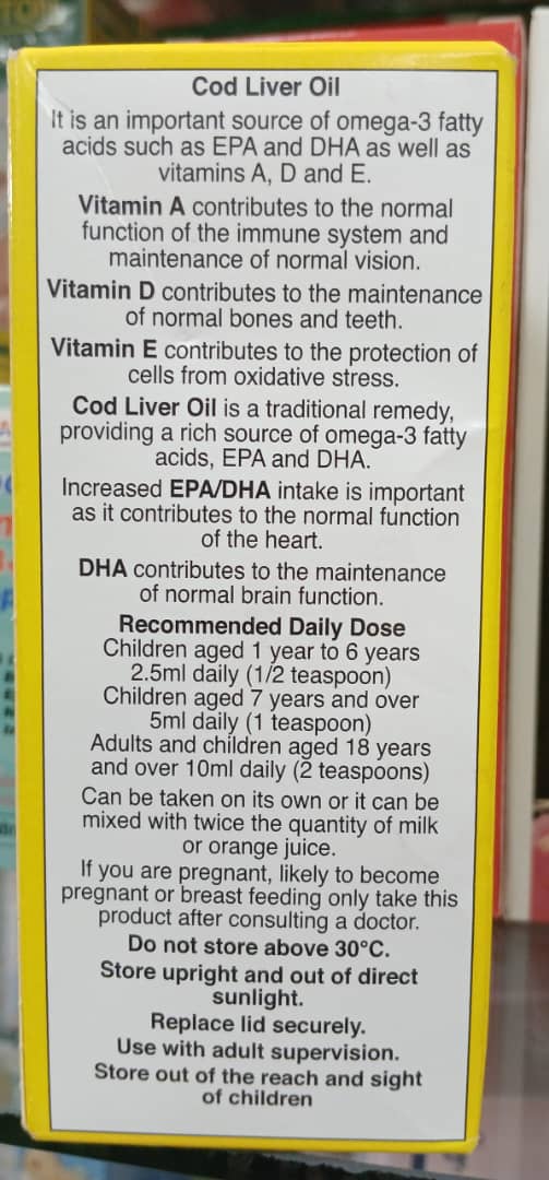 Syrup of Cod Liver Oil with label detailing health benefits and usage instructions.