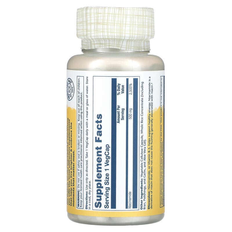 Solaray Niacinamide 500 mg supplement bottle on a white background