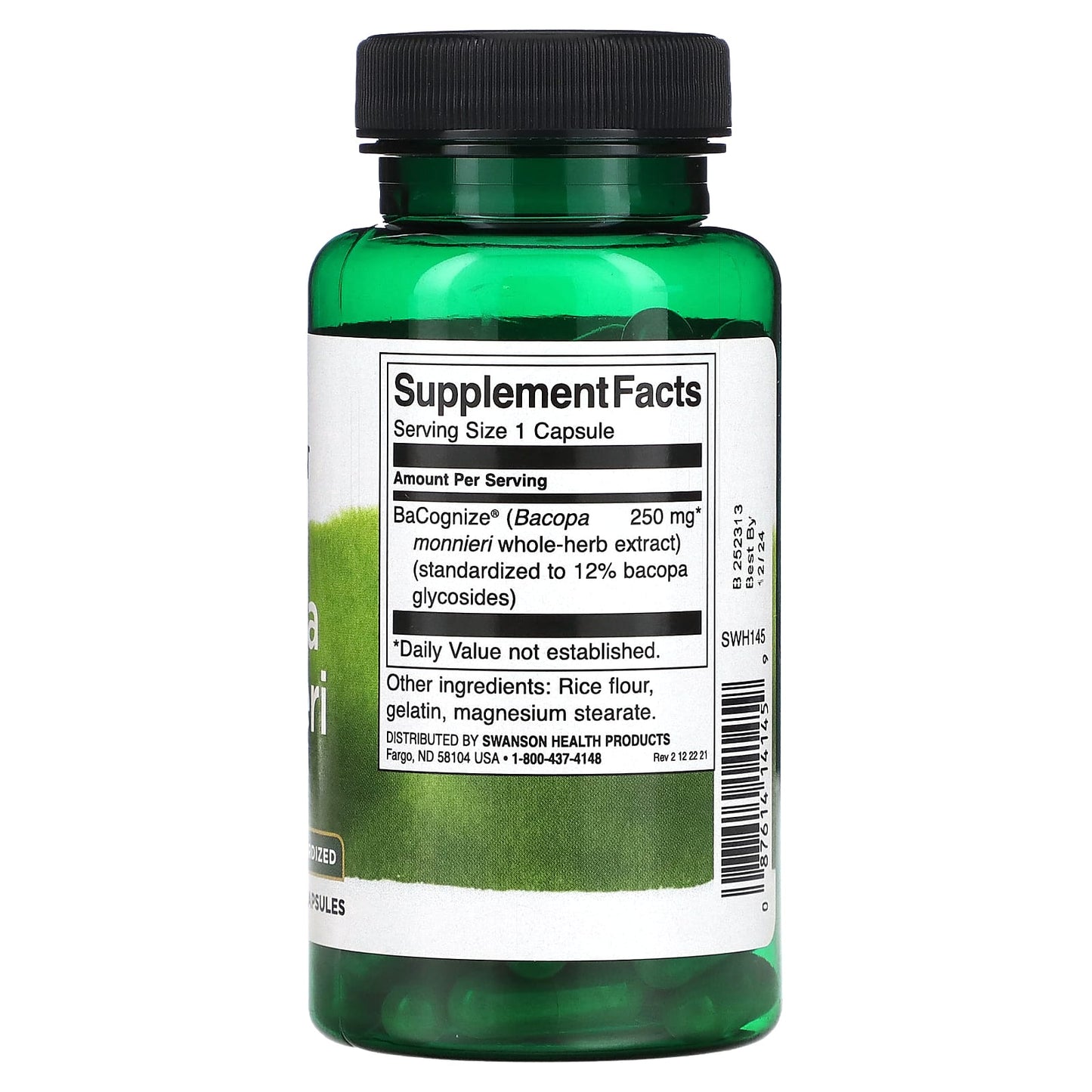 Green supplement bottle with label on a white background