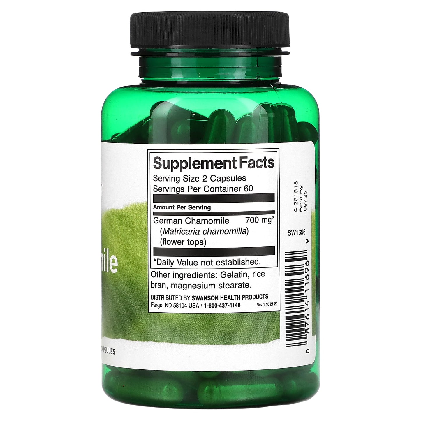 Green supplement bottle with label on a white background