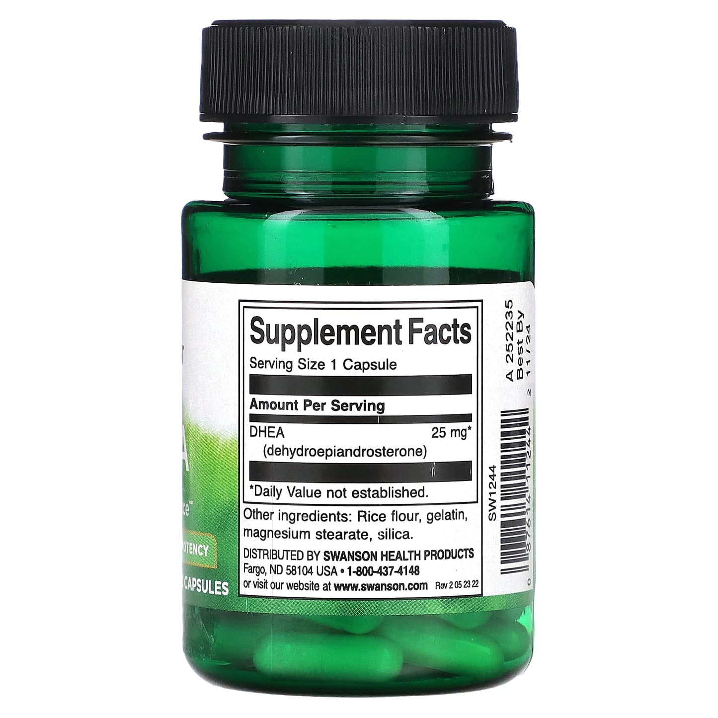 Green supplement bottle with label on a white background