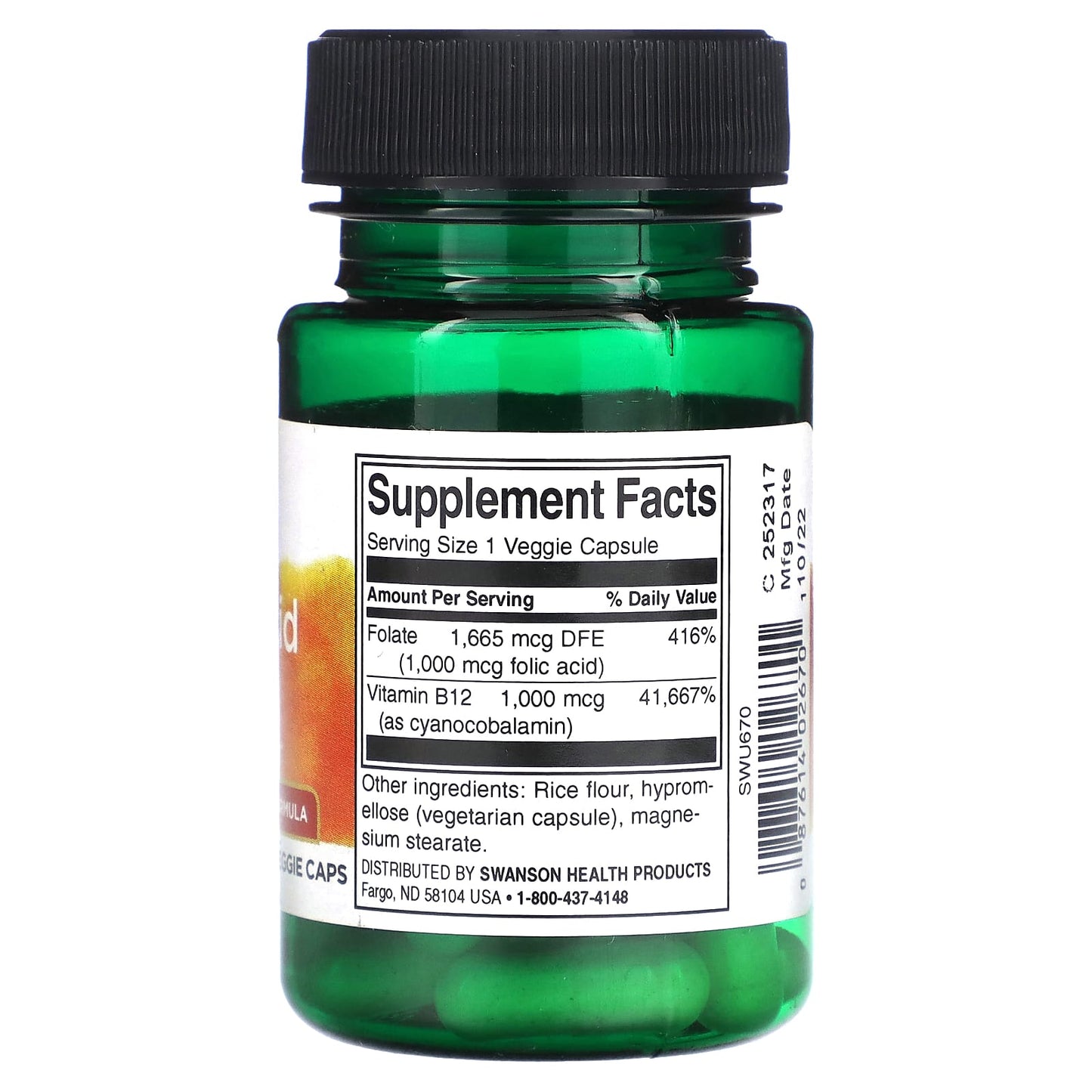 Green supplement bottle with label on a white background